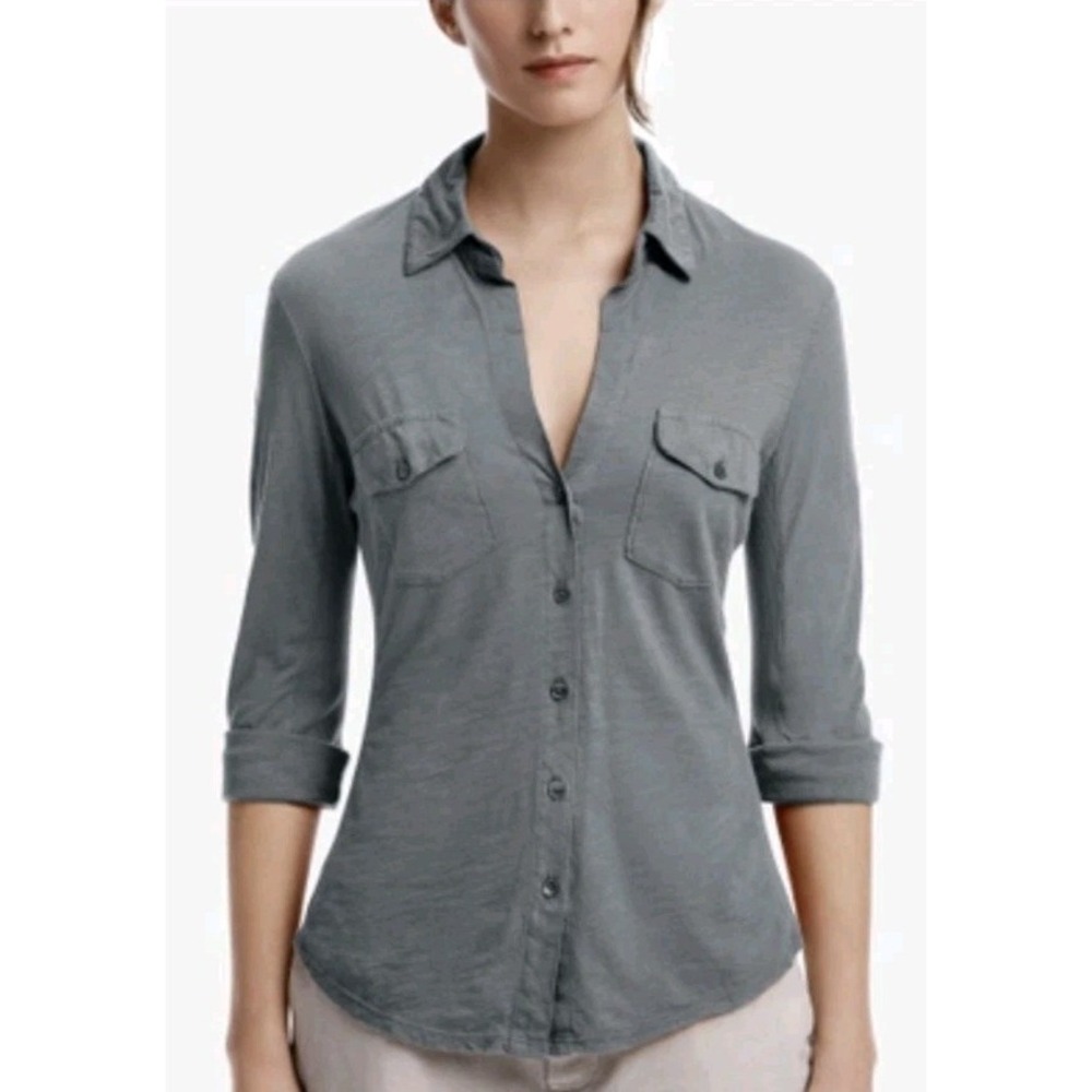 James Perse Women 4 Gray Button Down SLUB SIDE Ribbed PANEL SHIRT Career Casual